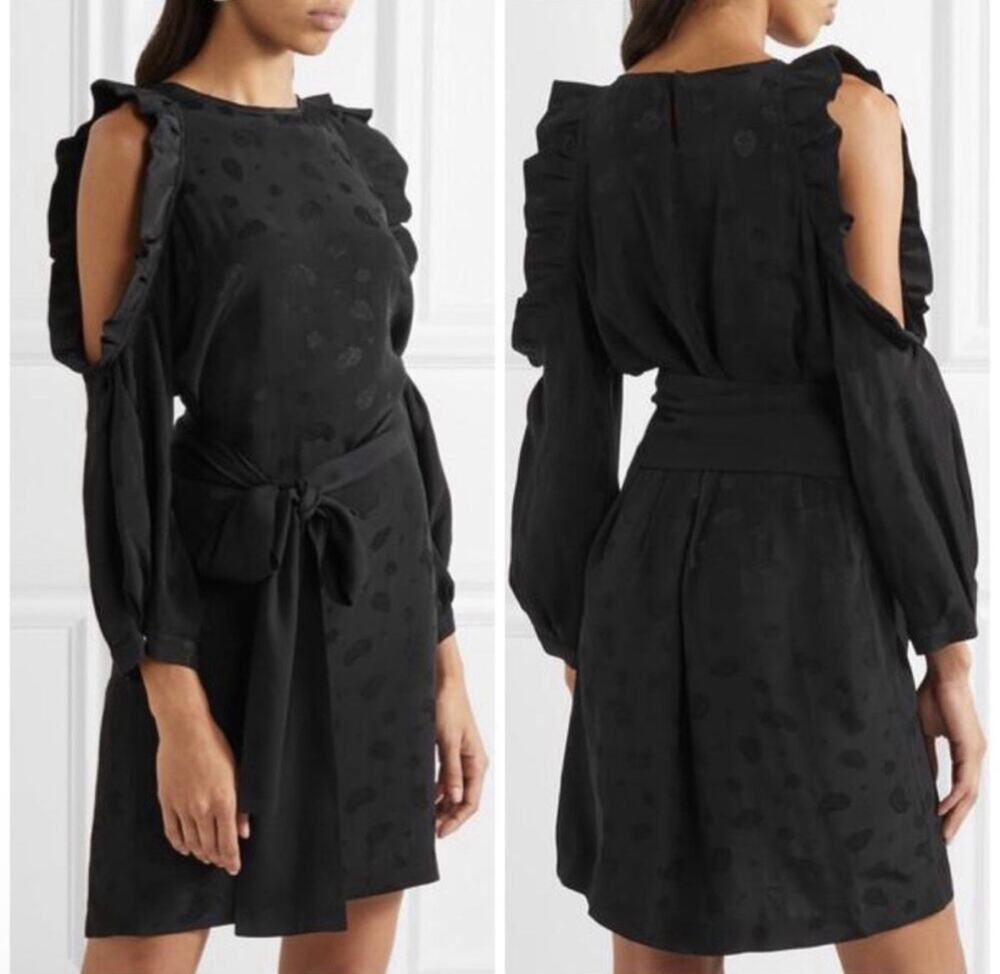 Maje Size 3 Black Paisley Ruffle Come Shoulder Mini Dress Tunic